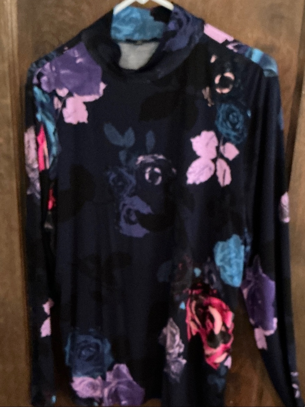 IMAN black mock  Neck Floral Long Sleeve Top with Pink & Blue Roses
Size XL